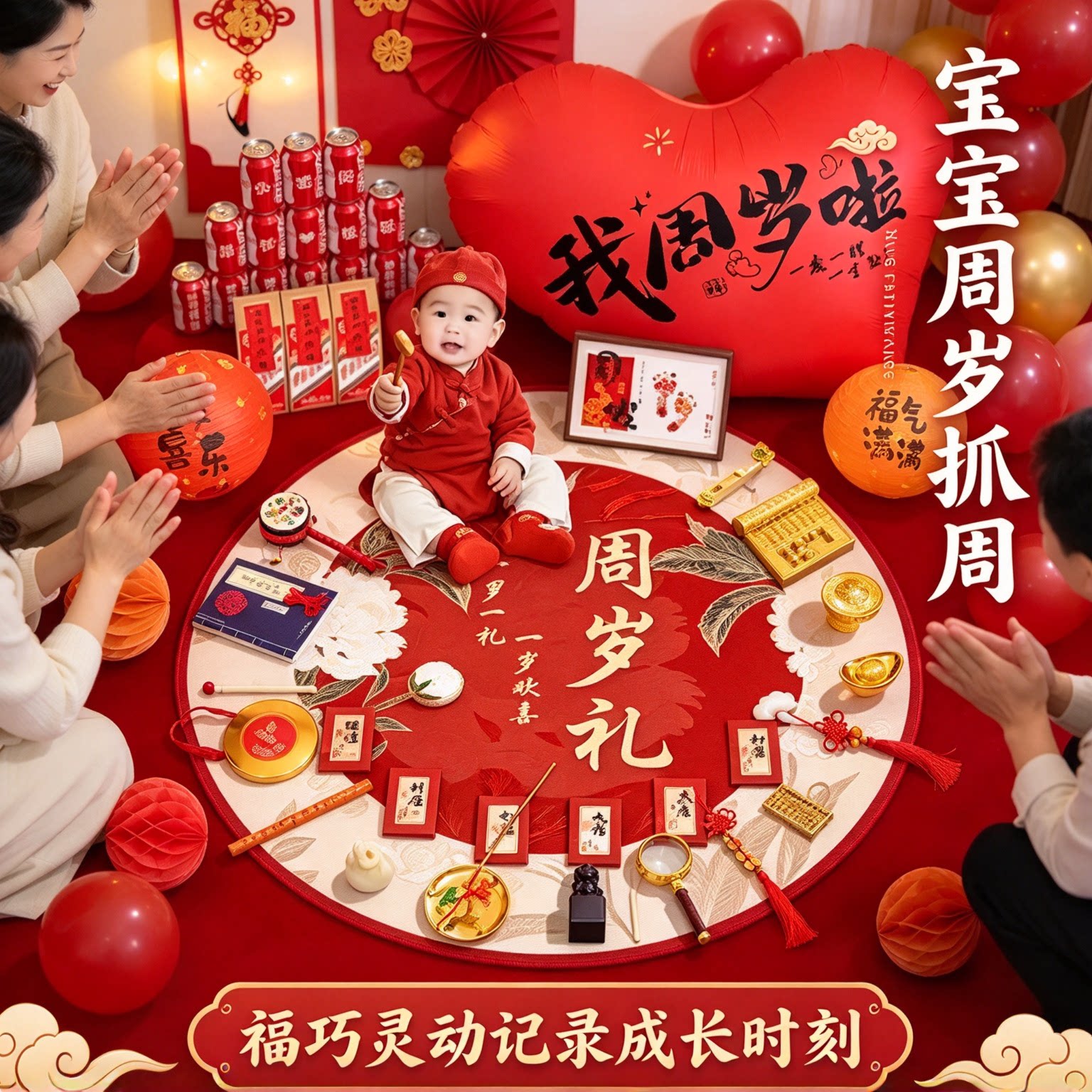 婴儿抓周用品全套男女孩18件套2026新款送封酒贴周岁礼布置装饰