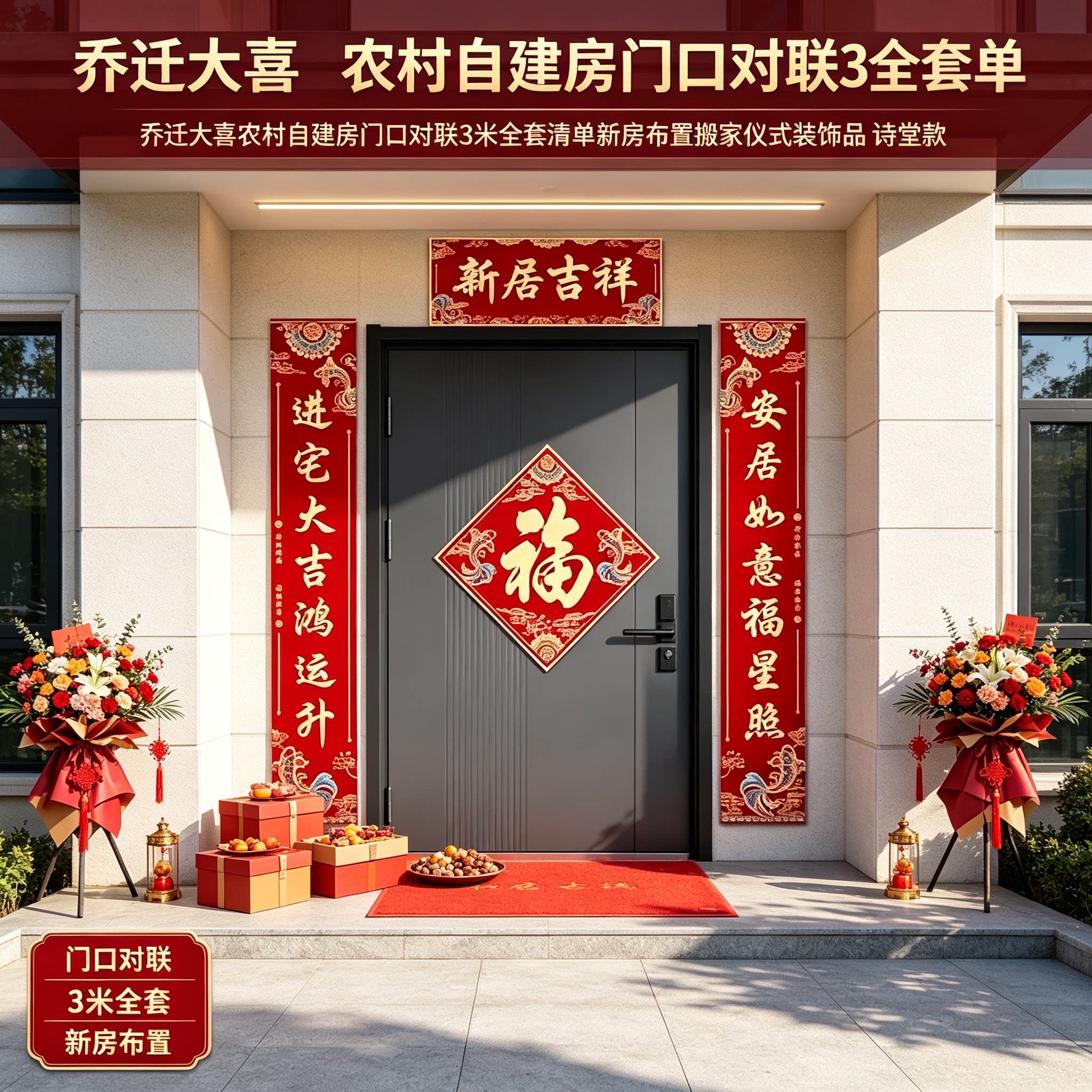 乔迁大喜农村自建房门口对联3米全套清单新房布置搬家仪式装饰品