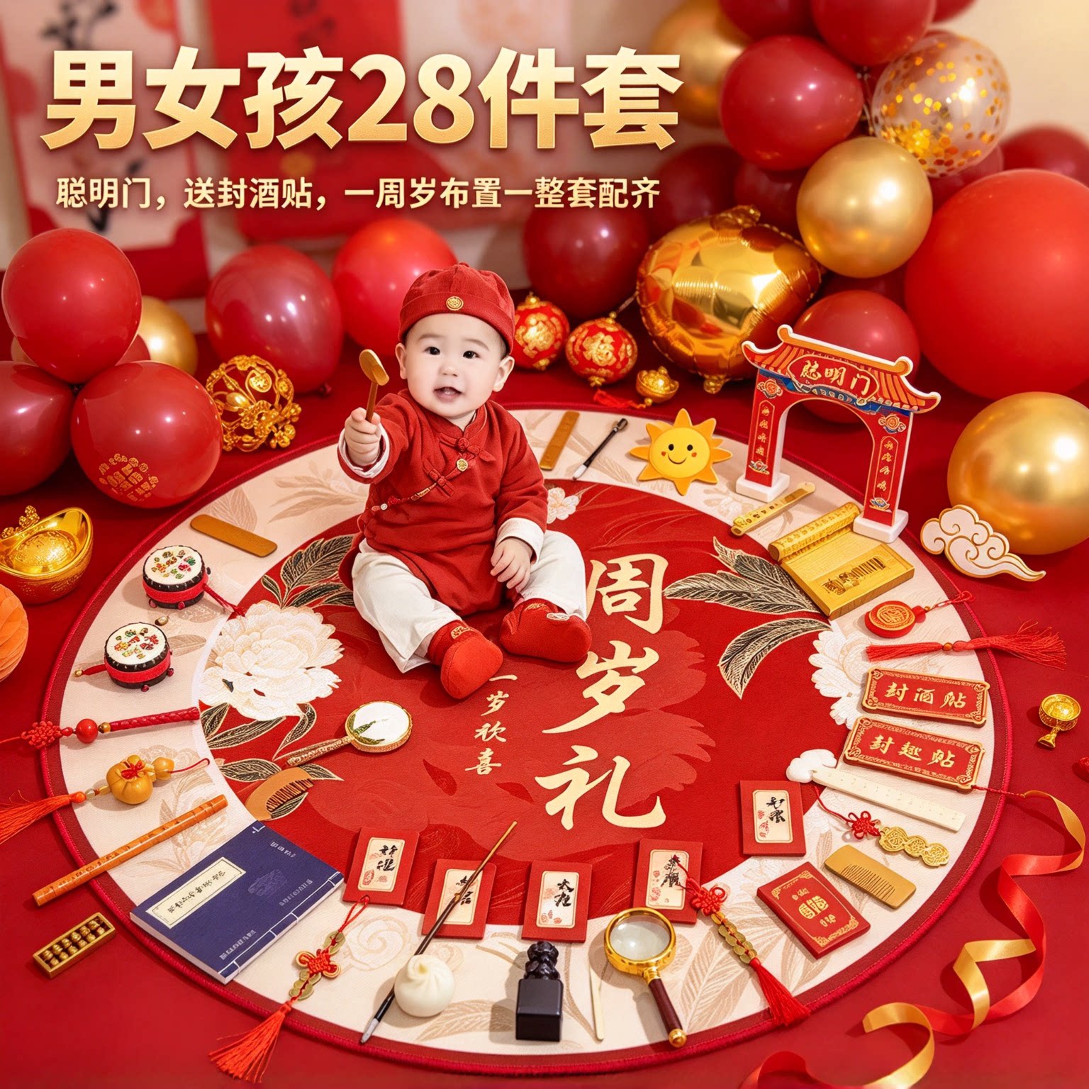 婴儿抓周用品全套男女孩28件套聪明门送封酒贴一周岁布置一整套