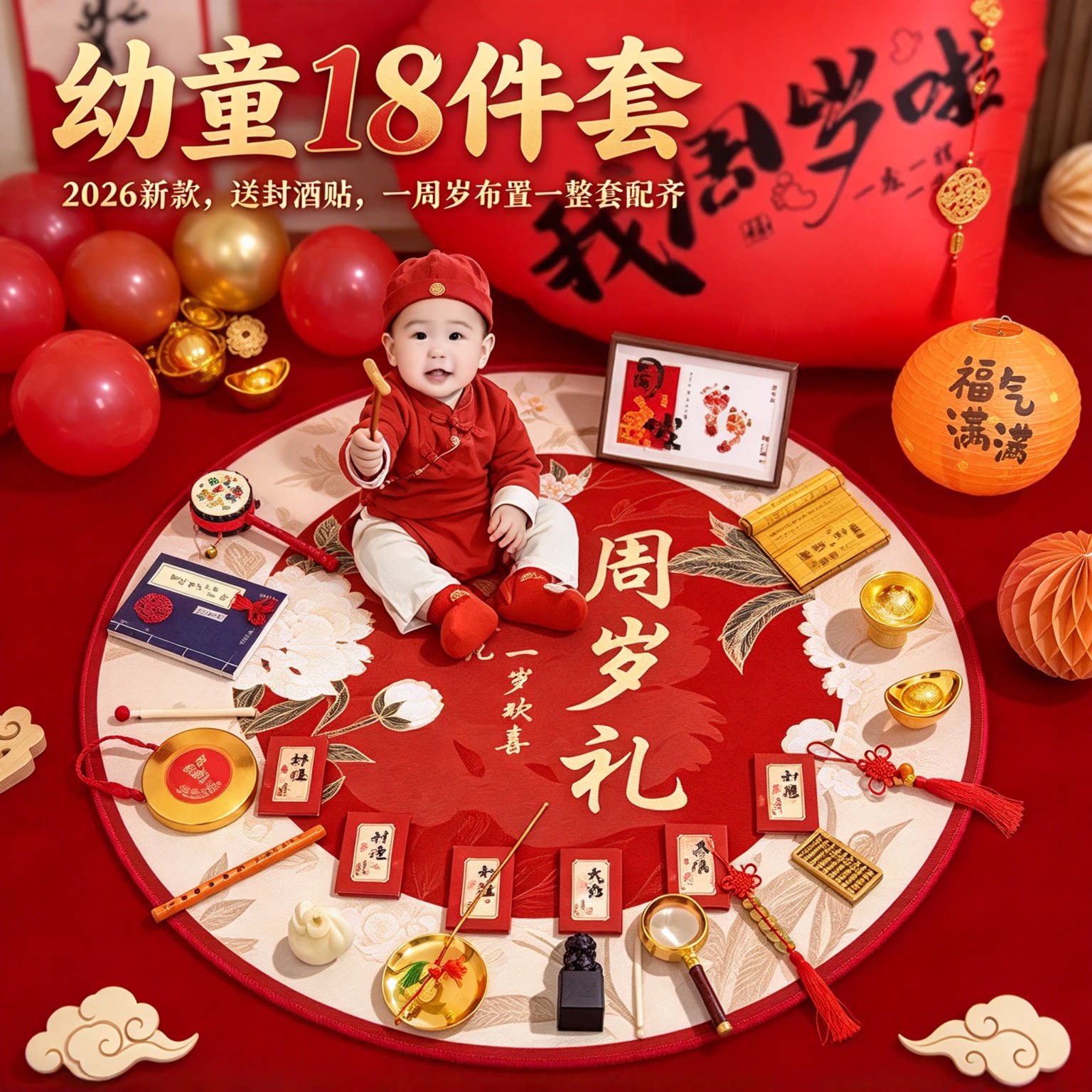 婴儿抓周用品套装幼童18件套2026新款送封酒贴一周岁布置一整套
