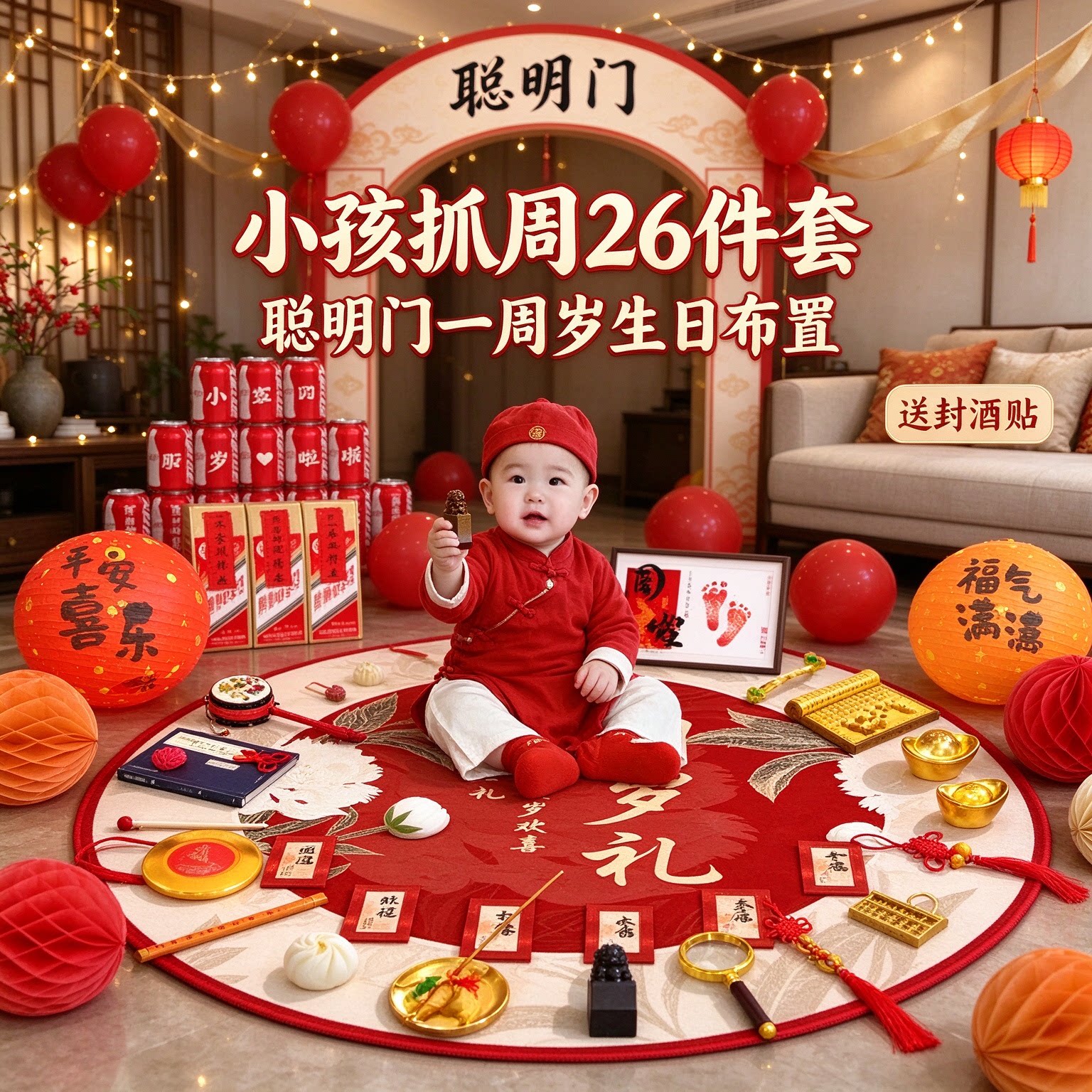 抓周道具套装小孩26件套聪明门送封酒贴一周岁生日布置仪式用品