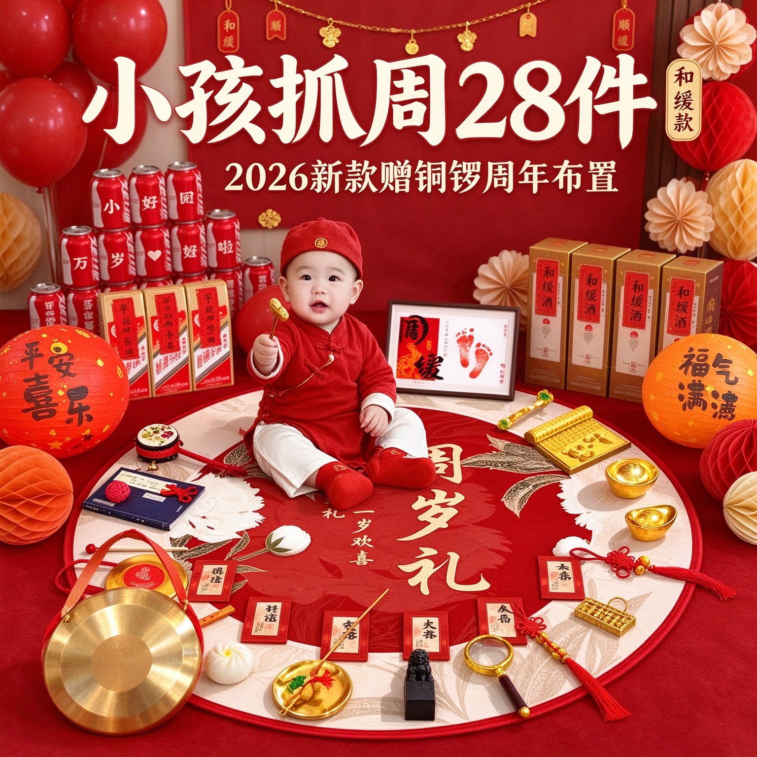 婴儿抓周道具小孩28件套2026新款赠铜锣一周岁布置套装用品大全