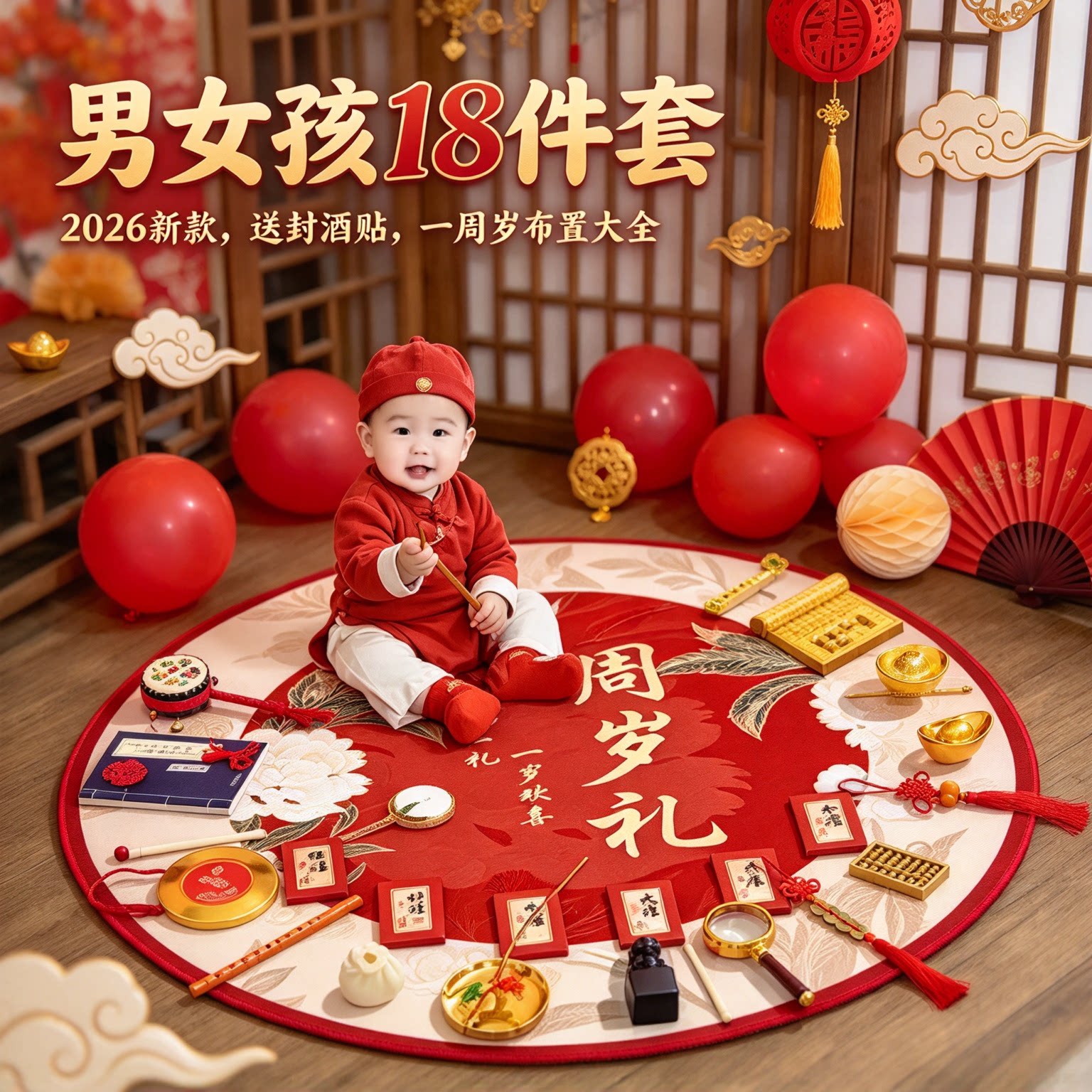 抓周道具用品套装男女孩18件套2026新款送封酒贴一周岁布置大全