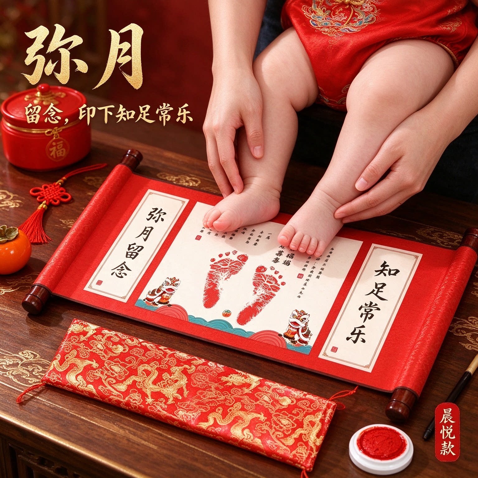 弥月知足常乐宝宝脚印中国风满月酒童趣满满用心留念岁岁平安印记