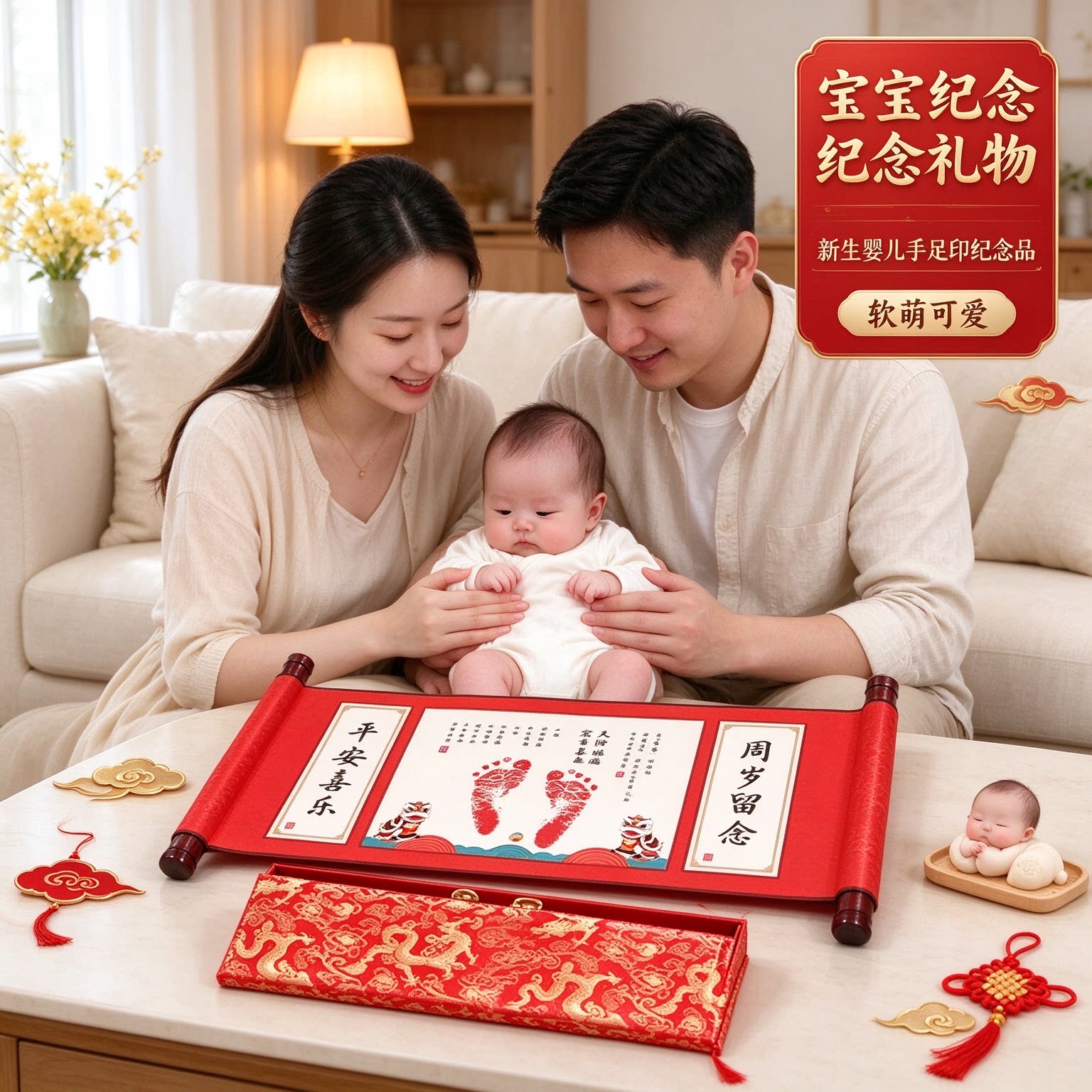 宝宝纪念礼物新生婴儿手足印纪念品软萌可爱吉祥如意添丁之喜福寿