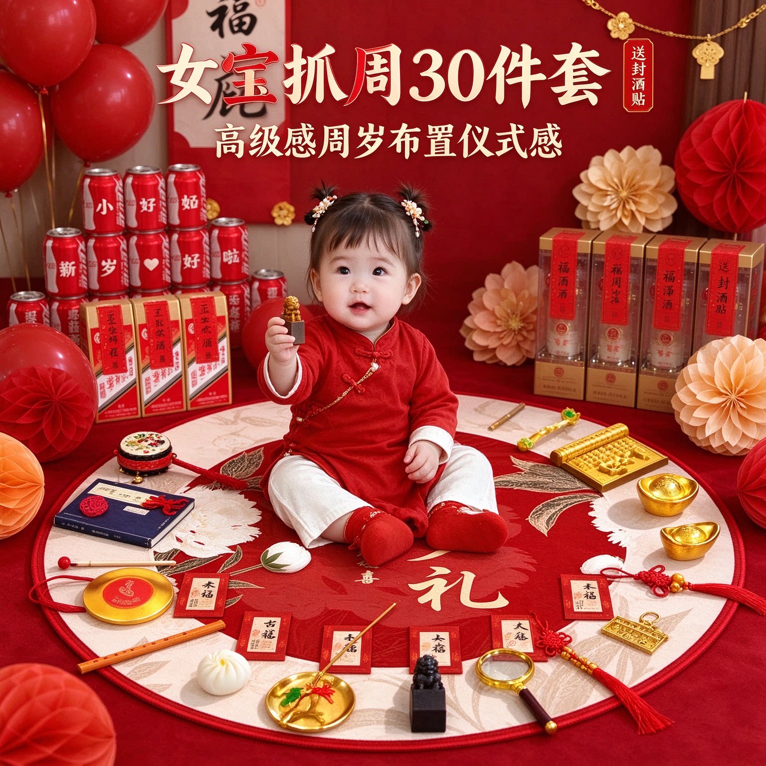 婴儿抓周道具女宝30件套高级感送封酒贴周岁布置仪式感用品大全