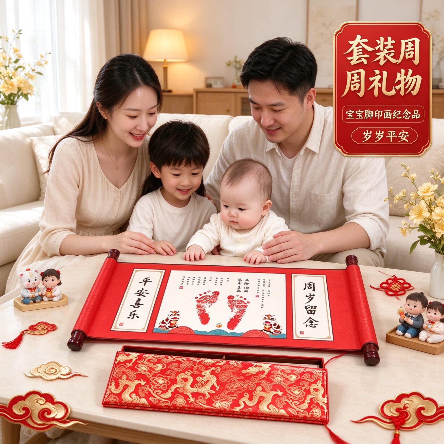 套装周岁礼物宝宝脚印画纪念品岁岁平安时光留念吉祥如意顺遂无忧