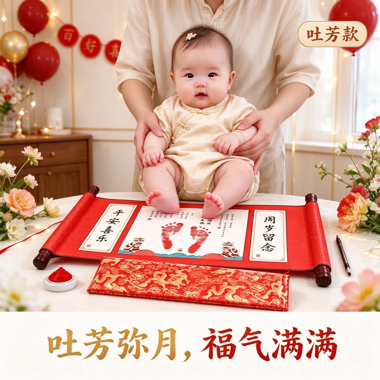 知足常乐弥月手足印纪念品小脚丫锦盒装满月酒纪念卷轴画福气满满