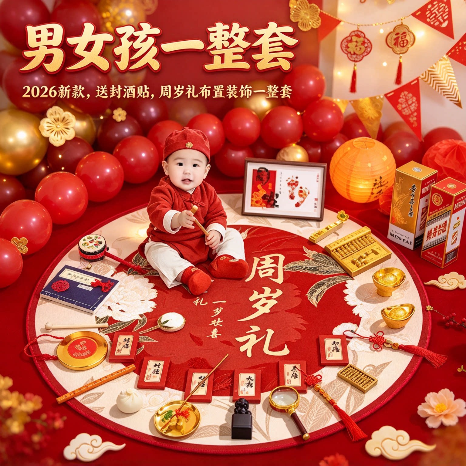 婴儿抓周用品套装男女孩一整套2026新款送封酒贴周岁礼布置装饰