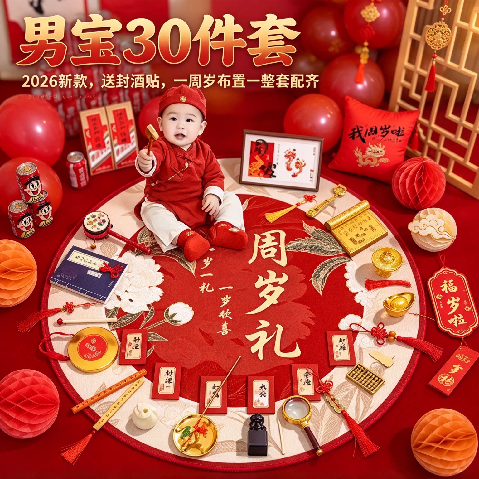 婴儿抓周用品套装男宝30件套2026新款送封酒贴一周岁布置一整套