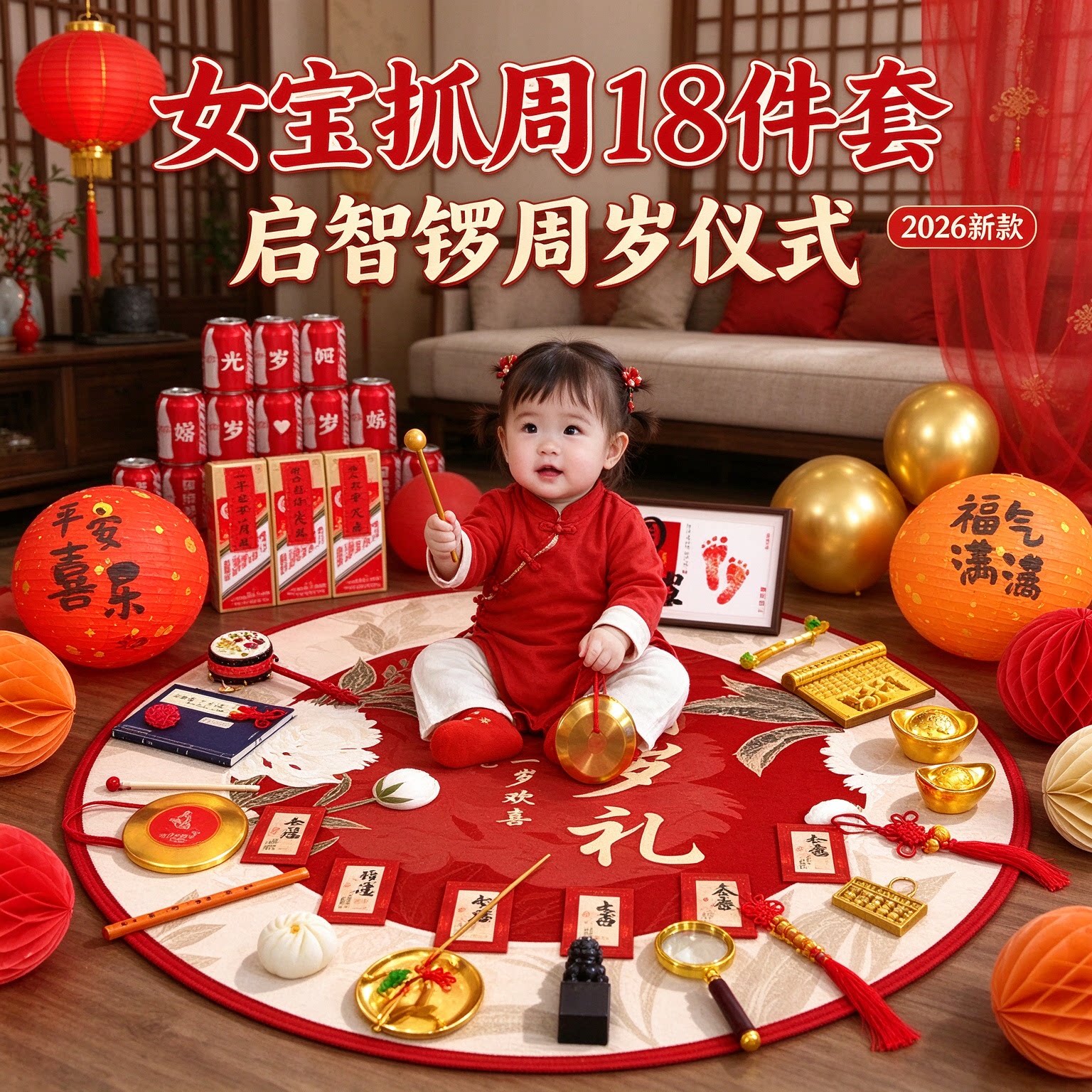 婴儿抓周道具女宝18件套2026新款启智锣周岁布置仪式感用品大全
