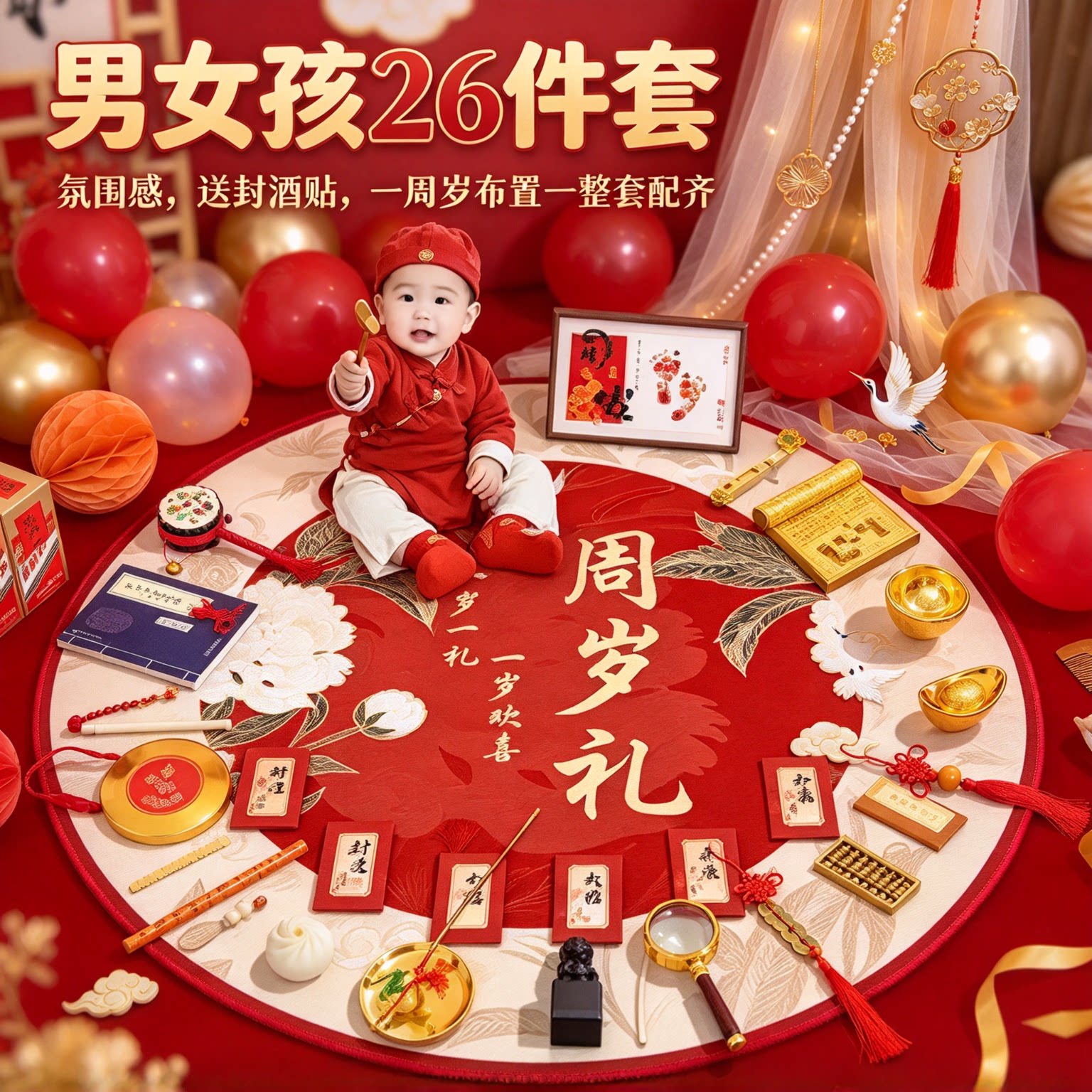 婴儿抓周用品套装男女孩26件套氛围感送封酒贴一周岁布置一整套
