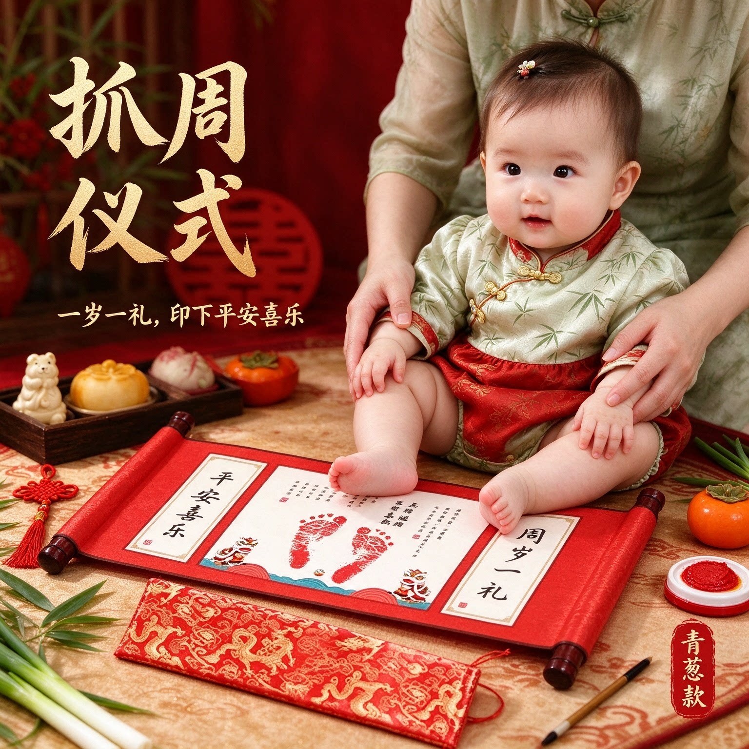 小脚丫宝宝周岁抓周仪式脚印手印纪念品平安喜乐纪念字画一岁一礼