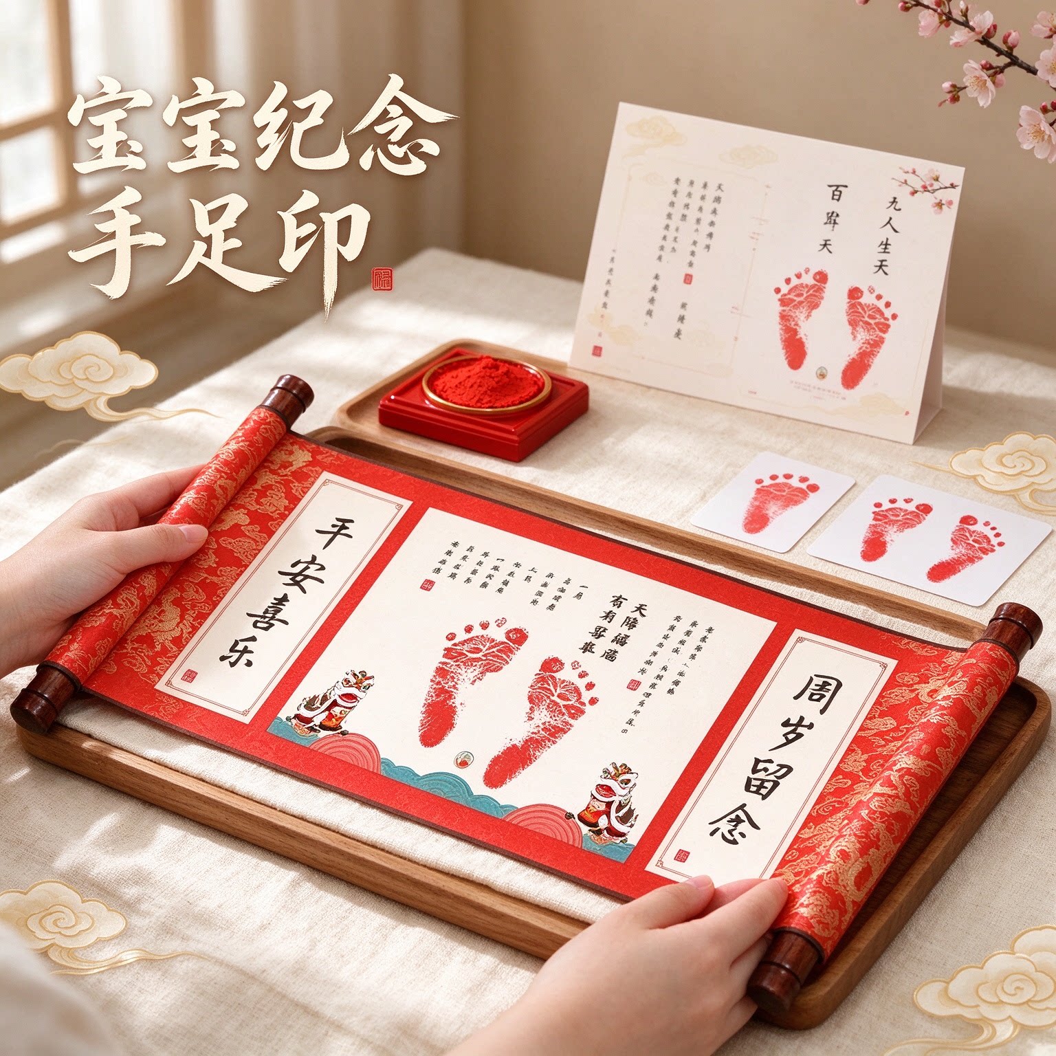 宝宝纪念手足印百天婴儿纪念品吉庆有余吉祥如意时光留念满满仪式