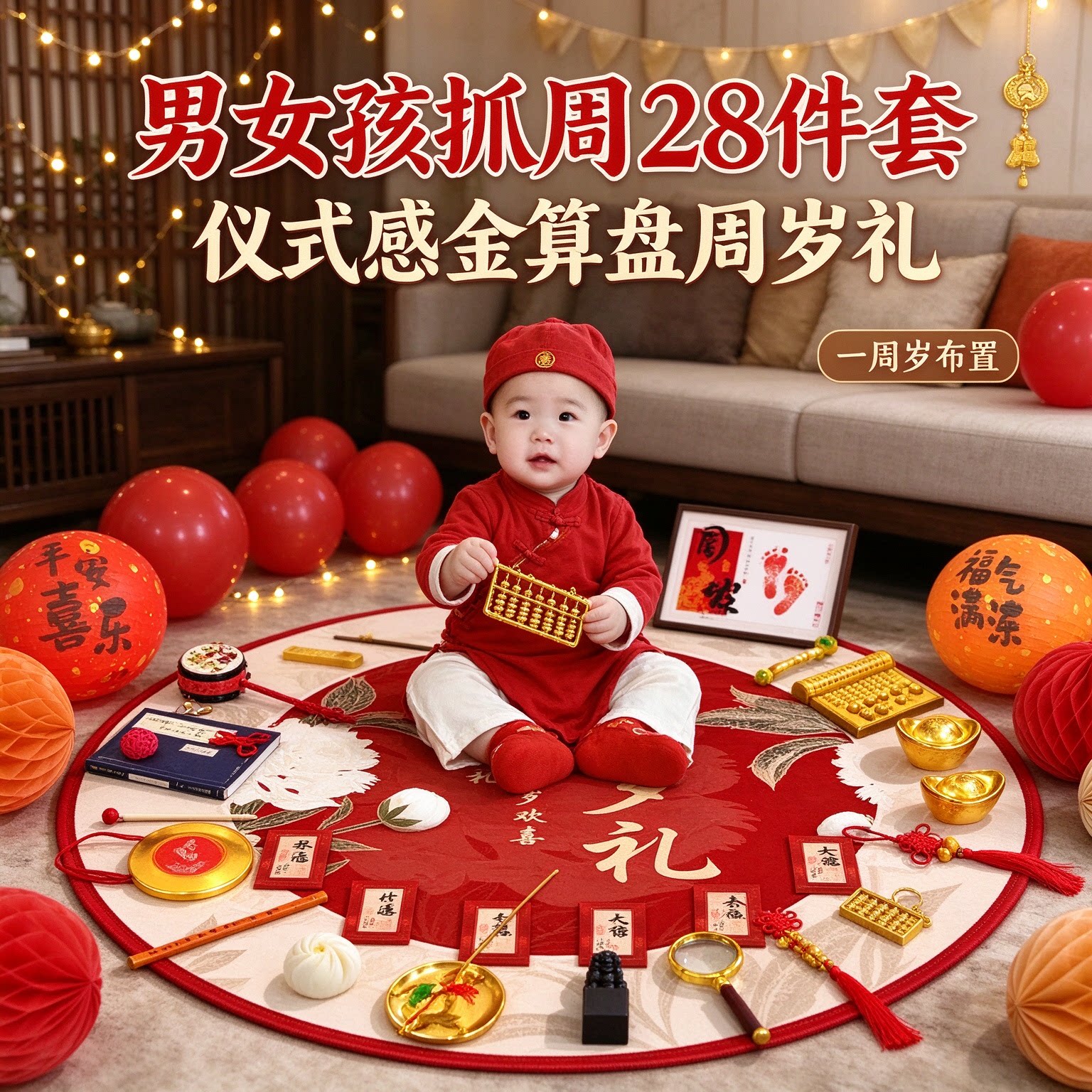 婴儿抓周道具男女孩28件套仪式感金算盘一周岁布置套装用品大全