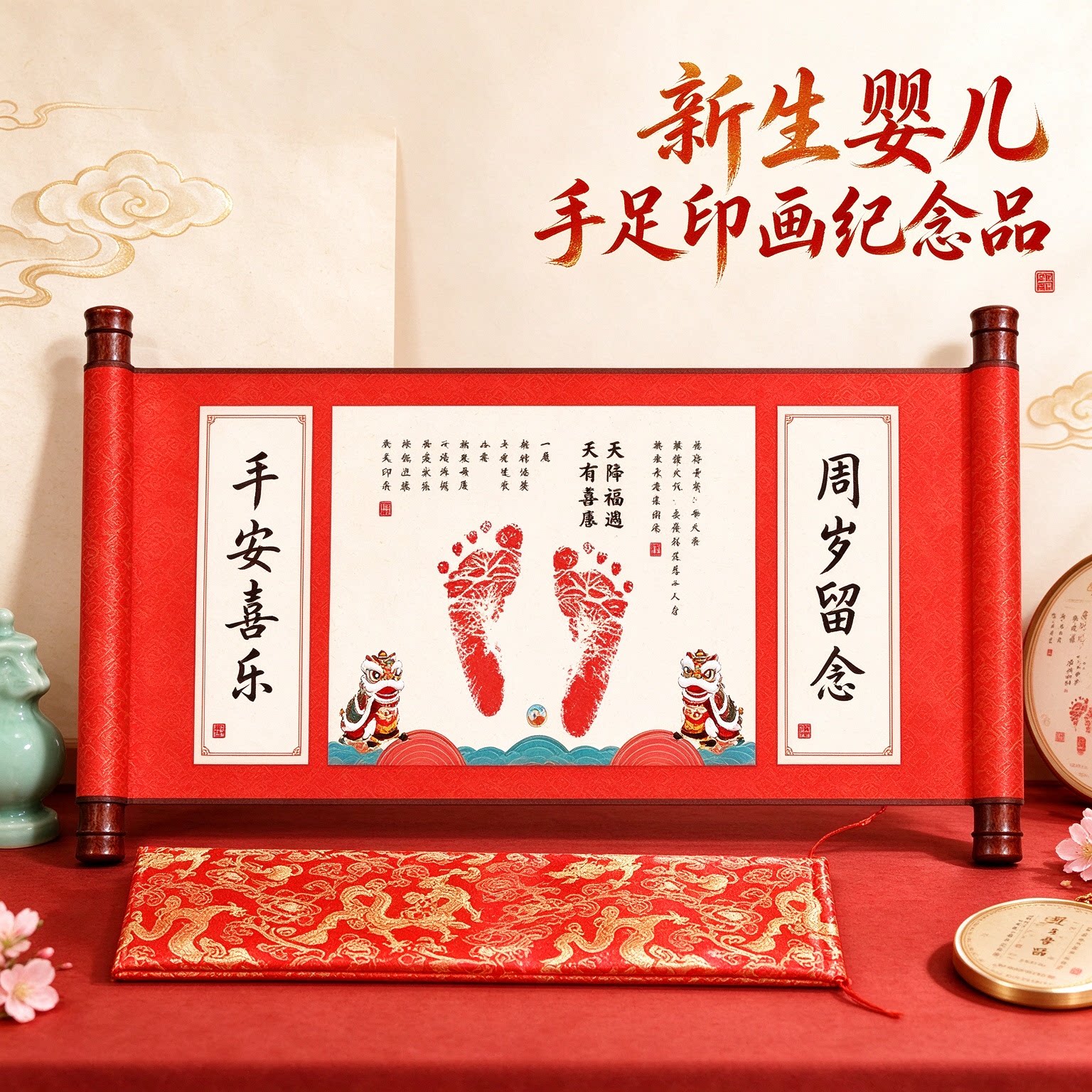 新生婴儿手足印画纪念品吉庆有余福寿安康喜气洋洋平安喜乐小脚丫