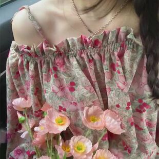 甜美上衣 一字肩泡泡袖 碎花衬衫 女别致漂亮洋气小衫 设计感小众法式