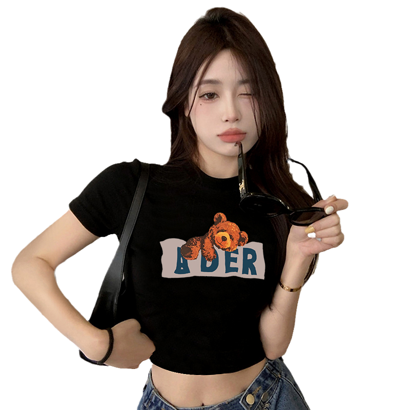 黑色纯棉短款短袖t恤女修身甜辣妹性感印花露脐装上衣紧身夏季潮