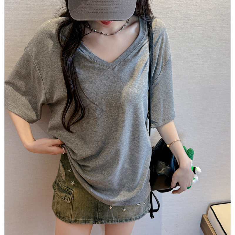 现货欧货大版型宽松基础款短袖t恤女式夏季落肩2025V领上衣