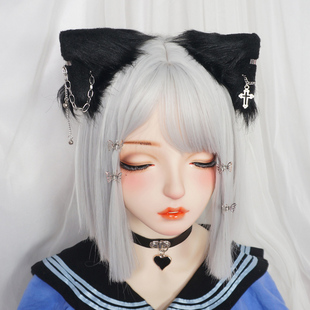 原创设计暗黑哥特十字架链条猫耳发夹兽耳发卡对夹猫耳朵个性头饰