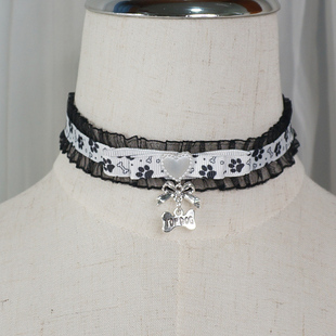 甜酷风猫爪蕾丝项圈 可爱狗牌choker少女心项链 小众设计感锁骨链
