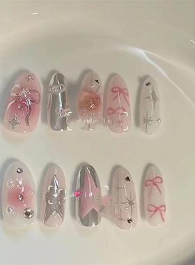 10Pcs Pink Handmade Press on Nails Full Cover Bow Tie Rhines