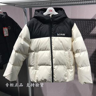 李宁短款羽绒服2025冬男女同款连帽面包服外套黑白色拼接YYMV067