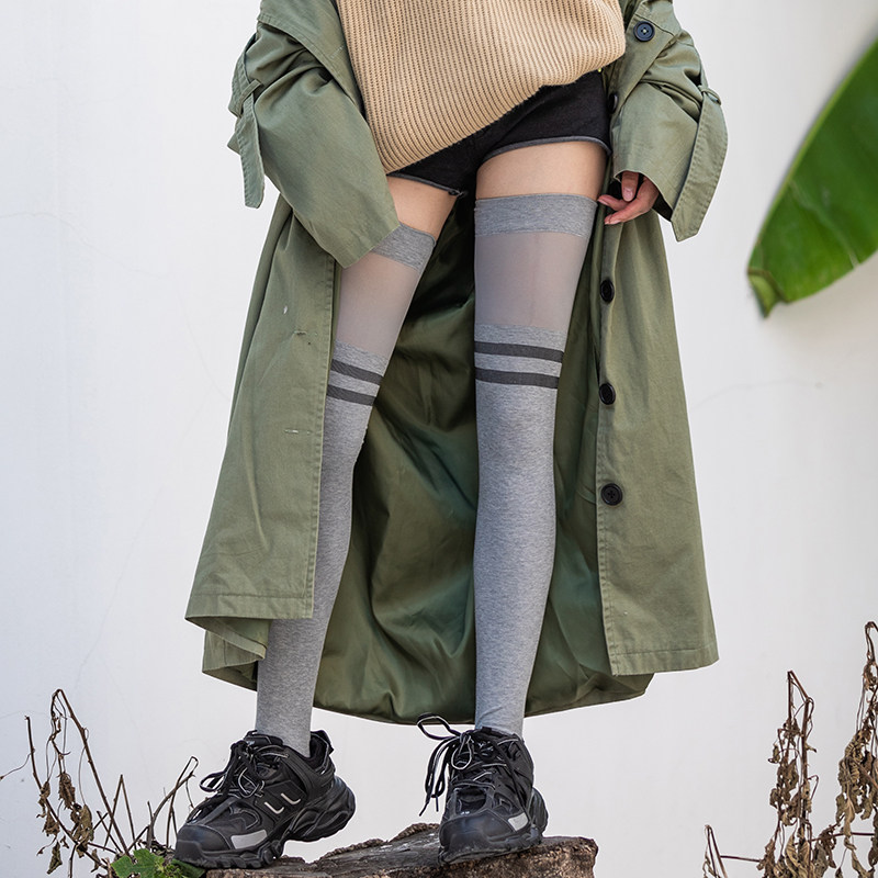 日系拼接纯棉加长面膜过膝长筒袜女潮ins脚底防滑二杠薄款大腿袜,女士内衣/男士内衣/家居服,长筒袜,淘宝优惠券,粉丝福利购,淘宝优惠卷