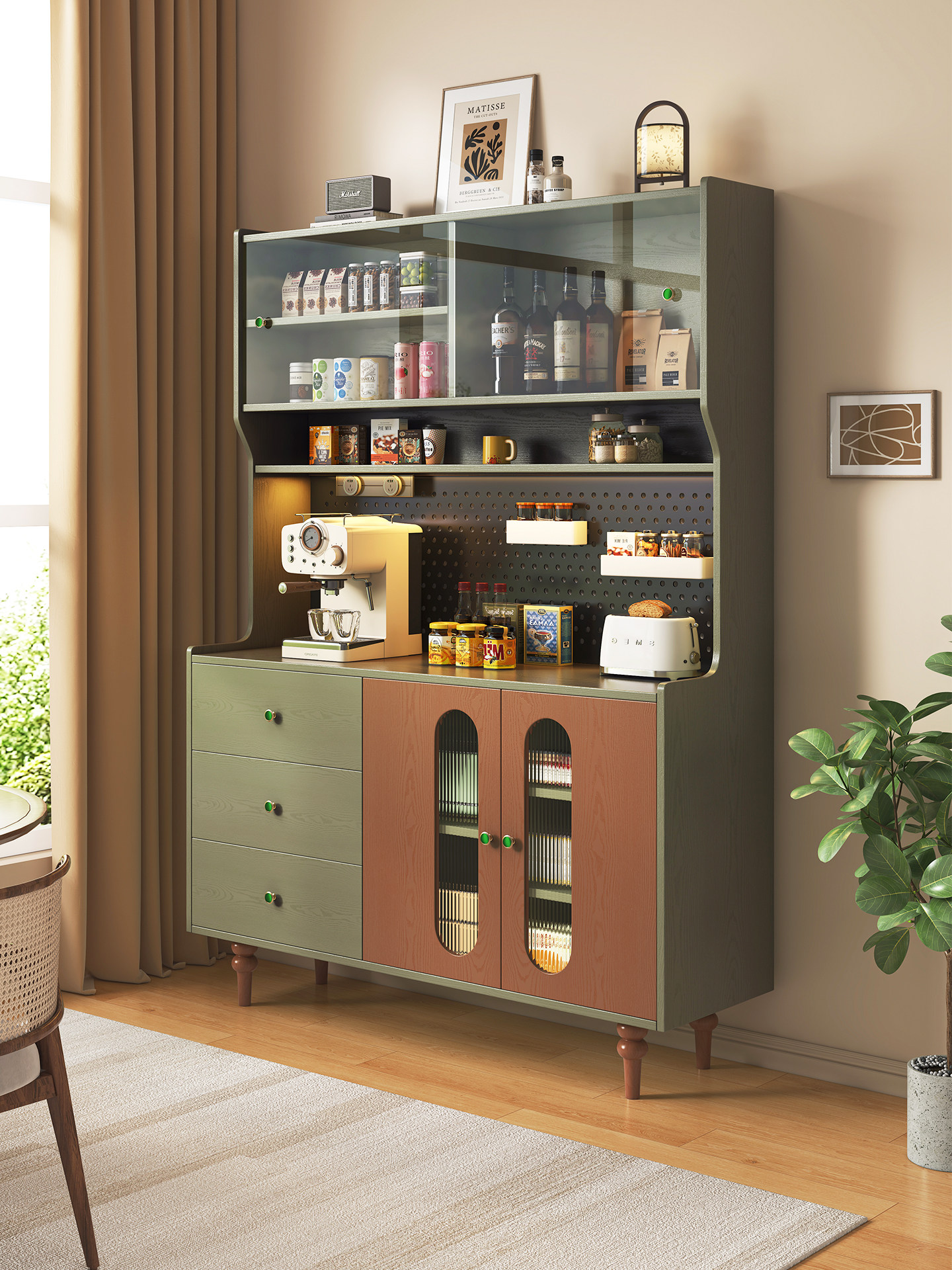 覆古风餐边柜靠墙一体厨房收纳储物柜实木茶水柜咖啡机置物柜2025