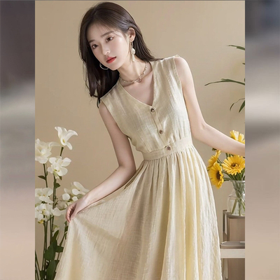 法式无袖棉麻亚连衣裙女夏