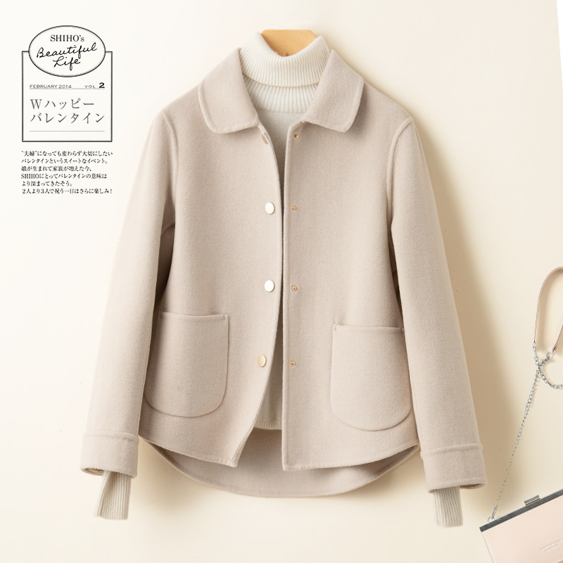 秋冬反季双面羊绒大衣女短款小个子娃娃领妈妈羊毛呢外套宽松休闲