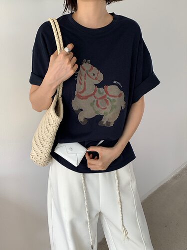 简约高级水墨画小马雪花棉短袖T恤显白百搭打底上衣女夏款