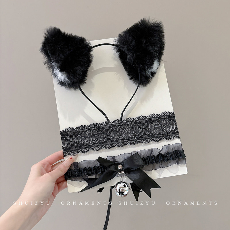 黑色纯欲猫耳朵发箍头饰女蕾丝眼罩情趣铃铛项圈可爱性感兽耳发卡