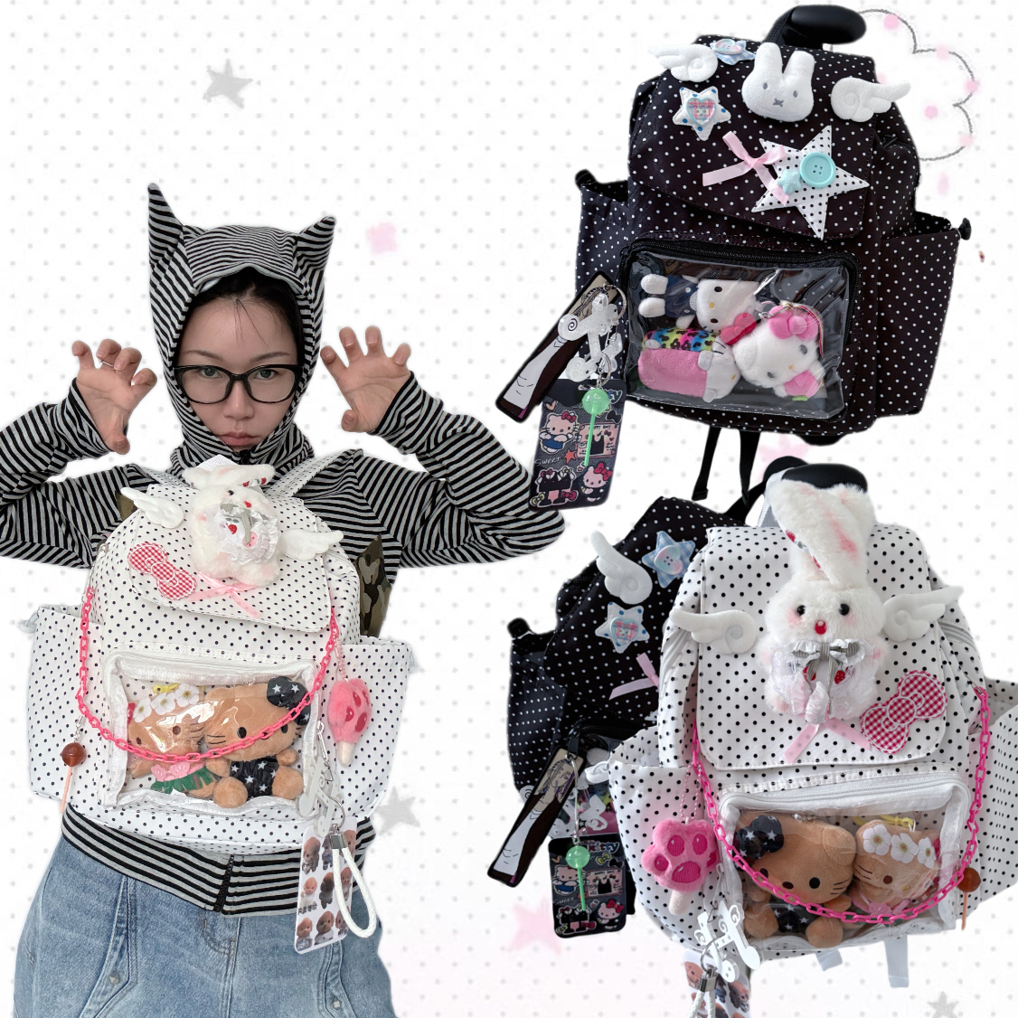 黑樱酱 自制日韩波点y2k星星翅膀链条可爱二次元蝴蝶结痛包双肩包