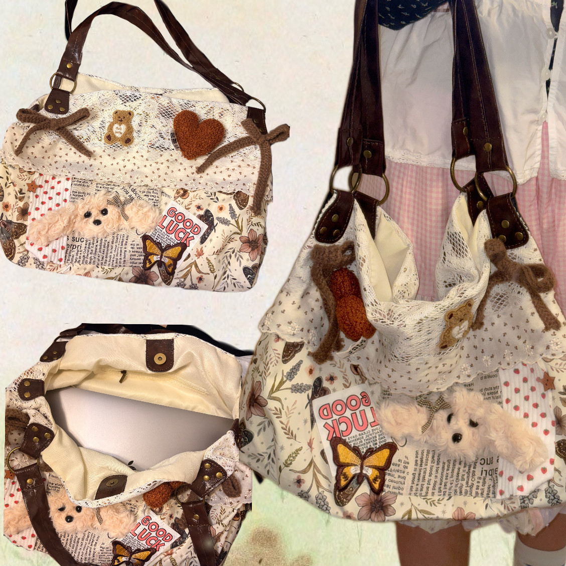 黑樱酱 原创小狗梦蝶～花边复古中古感休闲百搭通勤单肩托特包