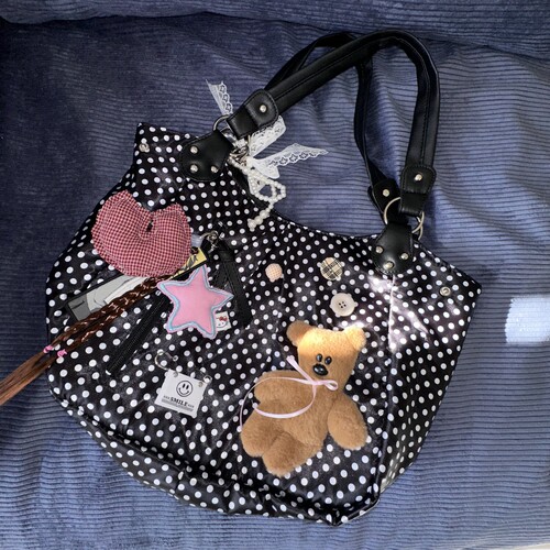 黑樱酱自制原创波点小熊可爱y2k小众复古学院风大容量单肩托特包