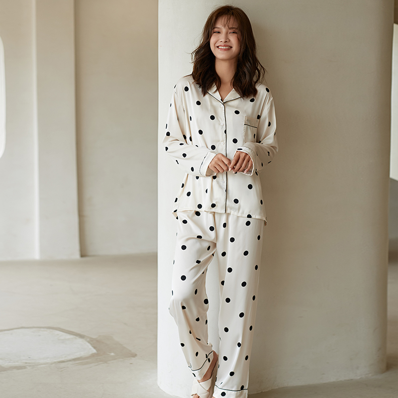 春秋甜美波点丝绸新款可外穿睡衣