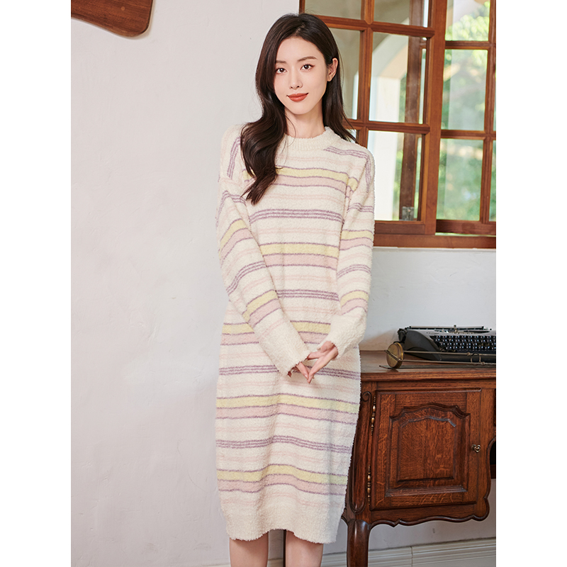 韩系温柔风软糯睡裙女加厚半边绒