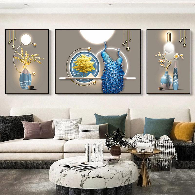 钻石画满钻新款2026轻奢客厅蓝孔雀现代三联画5D自贴砖石画十字绣