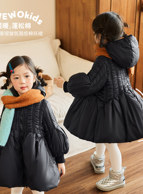 小O宝Okids童装宝宝棉服女中长款2025冬季新款女童黑色泡泡袖外套
