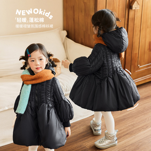 小O宝Okids童装宝宝棉服女中长款2025冬季新款女童黑色泡泡袖外套