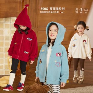 小O宝童装 宝宝秋冬外套女红色新年2025新女童摇粒绒儿童连帽开衫