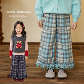 女宝宝格子裤 子春秋装 2026新款 小O宝Okids童装 女童花边阔腿裤