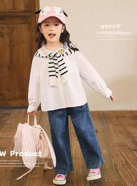 小O宝Okids童装 宝宝长袖衬衣女白色2025秋冬新款女童翻领娃娃衫