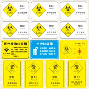 医院医疗废物暂存间六防标识医疗感染性损伤性药物性化学性病理性废弃物分类贮存点垃圾桶标贴生活垃圾存放处