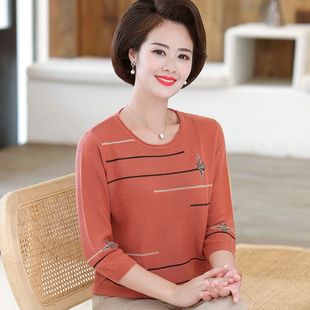 宽松显瘦弹力中老年女装 新款 针织t恤2023夏季 洋气圆领套头七分袖