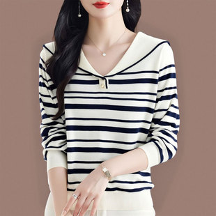 妈妈装海军领条纹针织衫女秋冬2025新款时尚宽松显瘦百搭长袖上衣