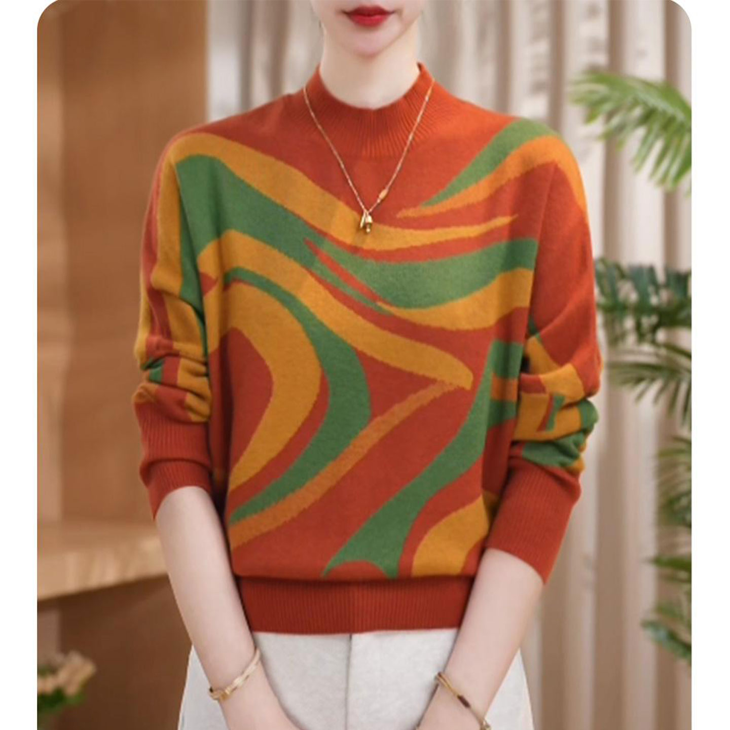 时尚妈妈装长袖撞色针织衫毛衣女