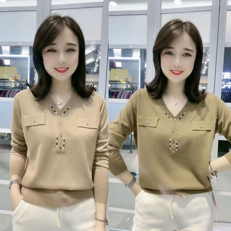 针织V领套头纯色毛衣宽松长袖女