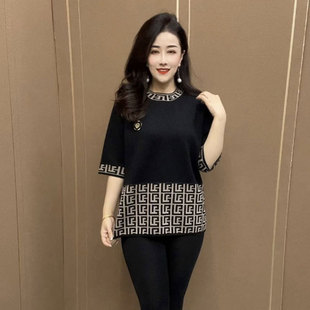 时尚洋气拼接针织衫女2024春季新款宽松遮肉百搭妈妈装上衣七分袖
